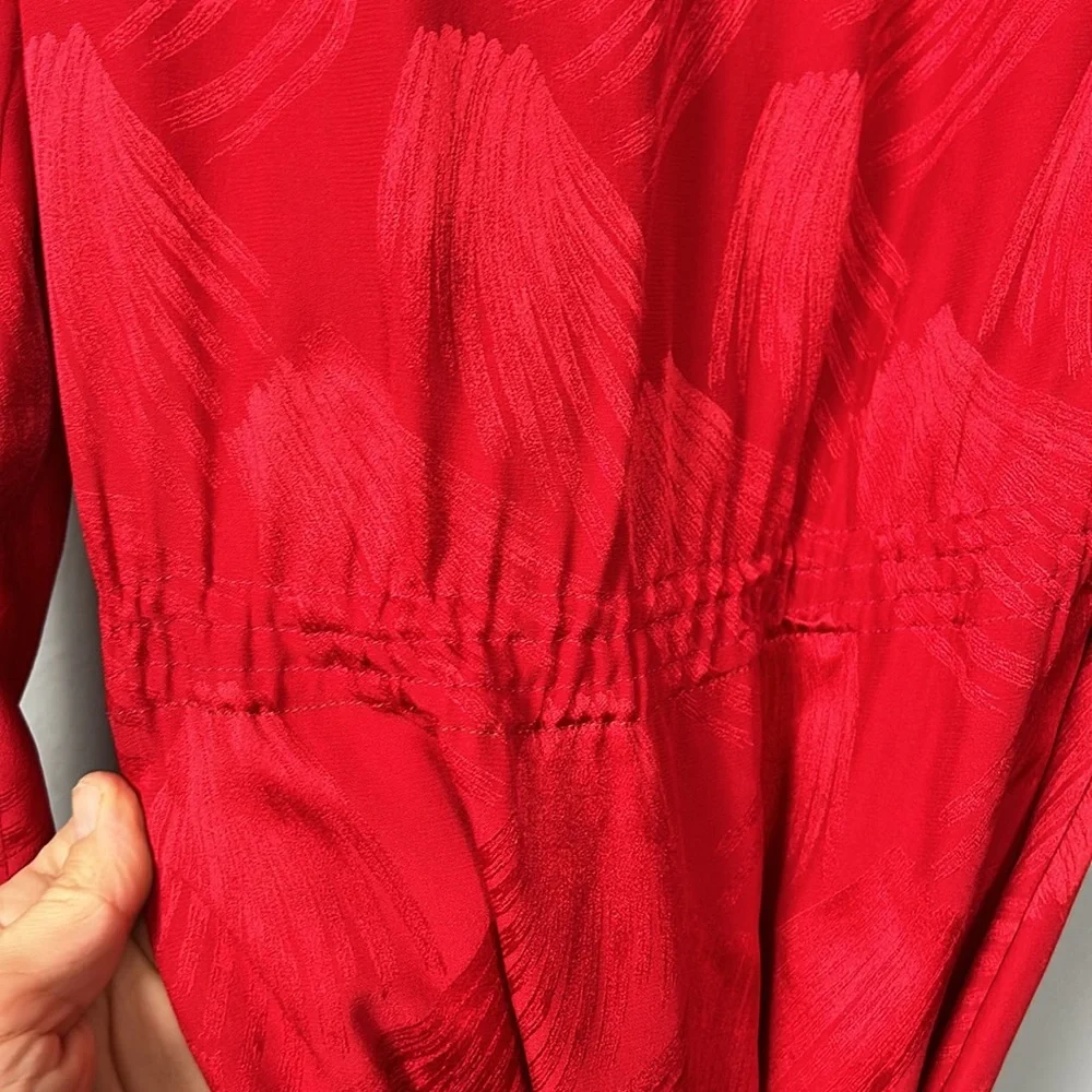 Vintage Women’s Silk Red Shift Dress Faux Feather Hem Necktie Slip on size S - Picture 10 of 17